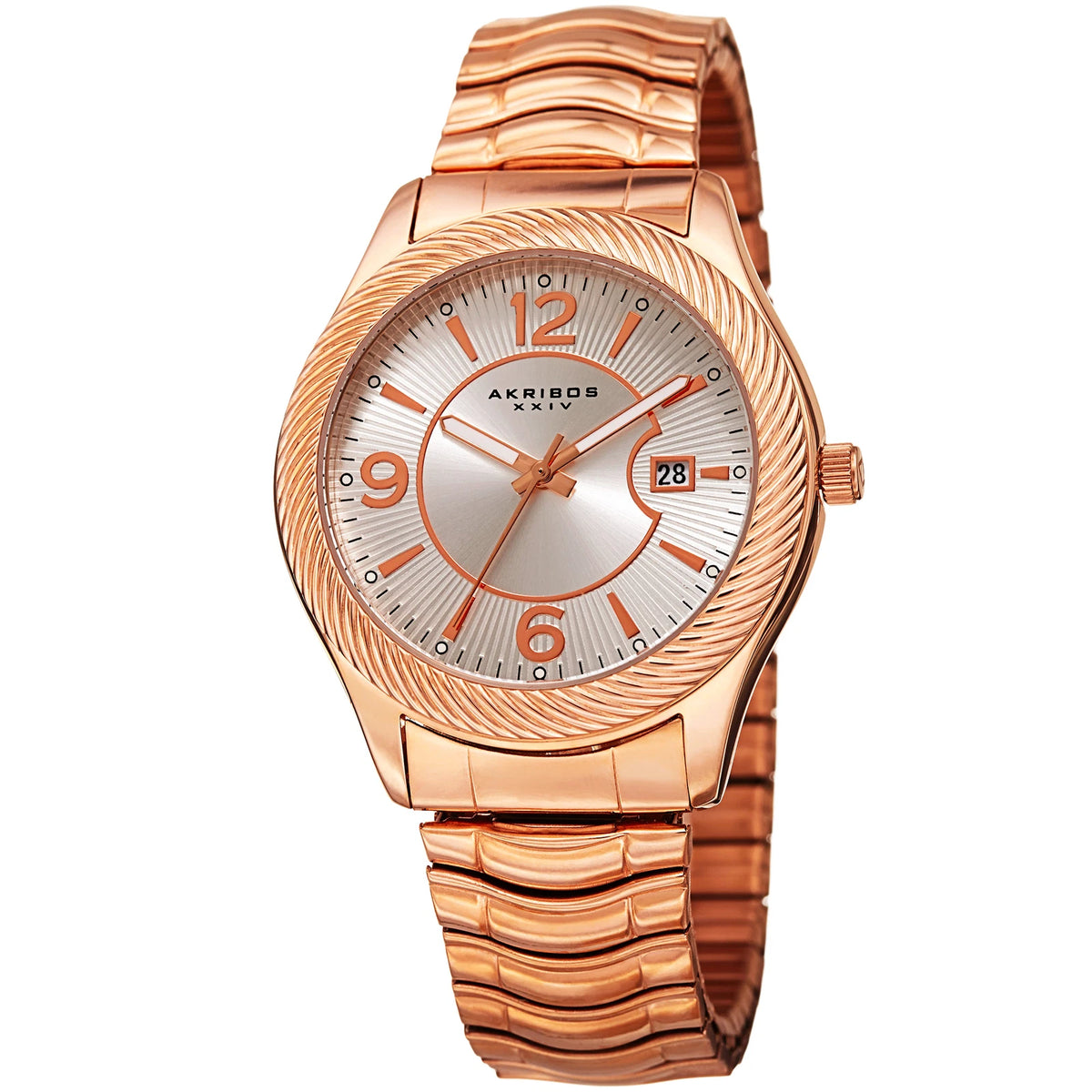 Akribos XXIV Rose Gold Tone Case on Rose Gold Bracelet, Silver Dial with Rose Gold Tone Hands
