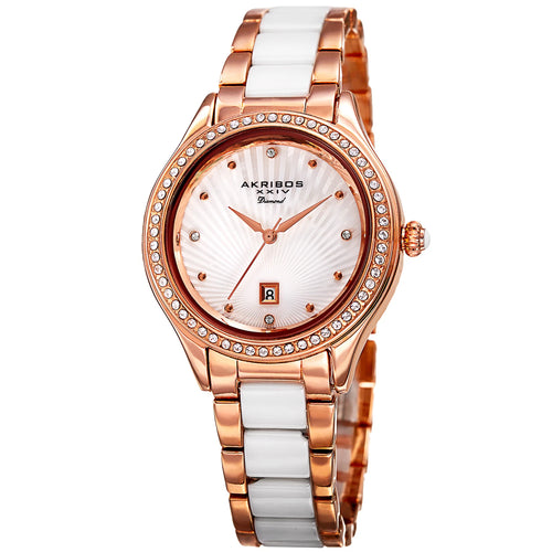 Akribos XXIV Rose Gold Ion Plated Round Watch With a Swarovski Crystal Bezel on a Rose Gold Link and White Ceramic Link Bracelet