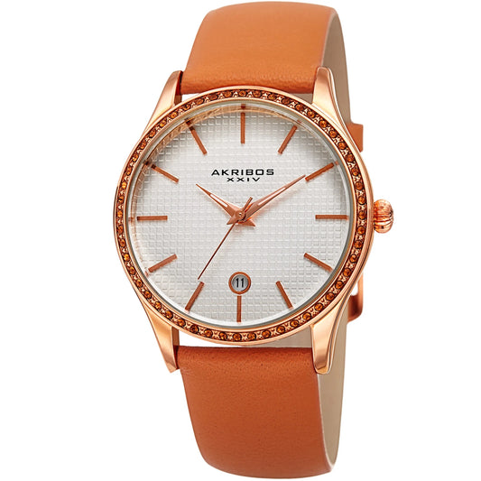 Akribos XXIV Rose Gold Round Case Watch on Tangerine Leather Band with Silver Dial