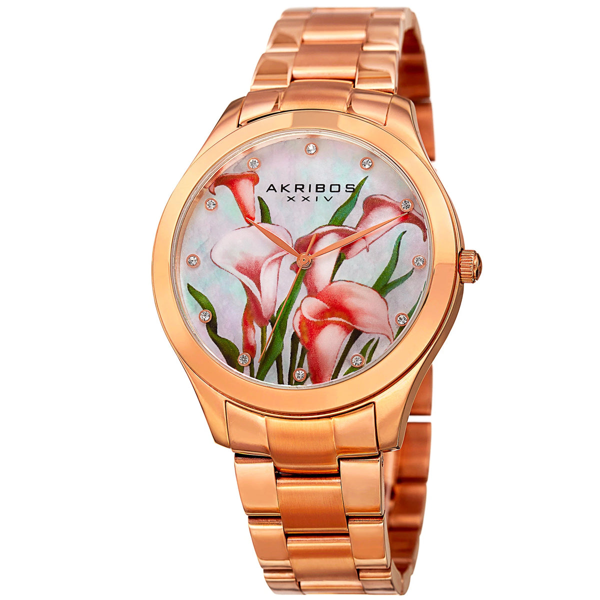 Akribos XXIV Rose Gold Tone Case on Rose Gold Tone Bracelet, White Mother-of-Pearl with Pink Printed Calla Lillies Dial with Rose Gold Tone Hands