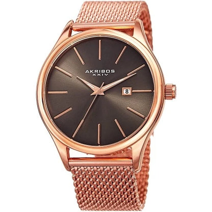 Akribos XXIV Rose Gold Ion Plated Tone Case on Rose Gold Tone Mesh Bracelet with Gunmetal Dial