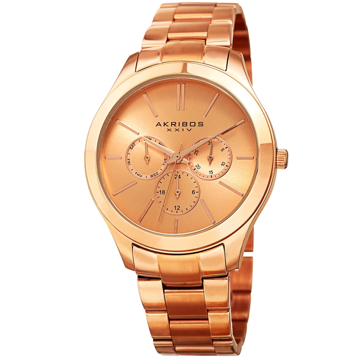 Akribos XXIV Rose Gold Tone Case on Rose Gold Tone Bracelet, Rose Gold Dial with Gold Tone Hands
