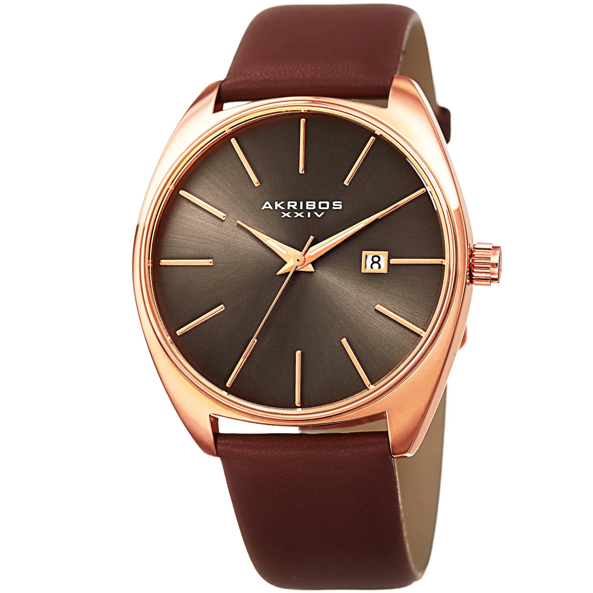 Akribos XXIV Rose Gold Tone Case on Brown Strap, Gray Dial with Rose Gold Tone Hands