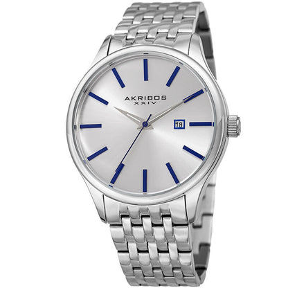 Akribos XXIV Silver Tone Case on Silver Bracelet, Silver Dial with Silver Tone Hands
