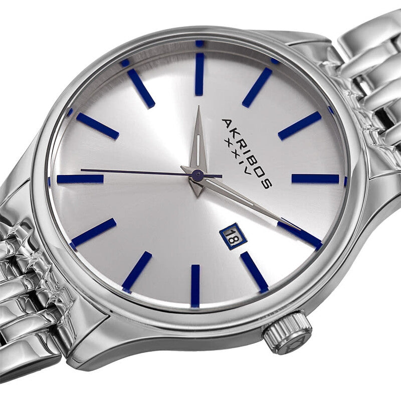 Akribos XXIV Silver Tone Case on Silver Bracelet, Silver Dial with Silver Tone Hands