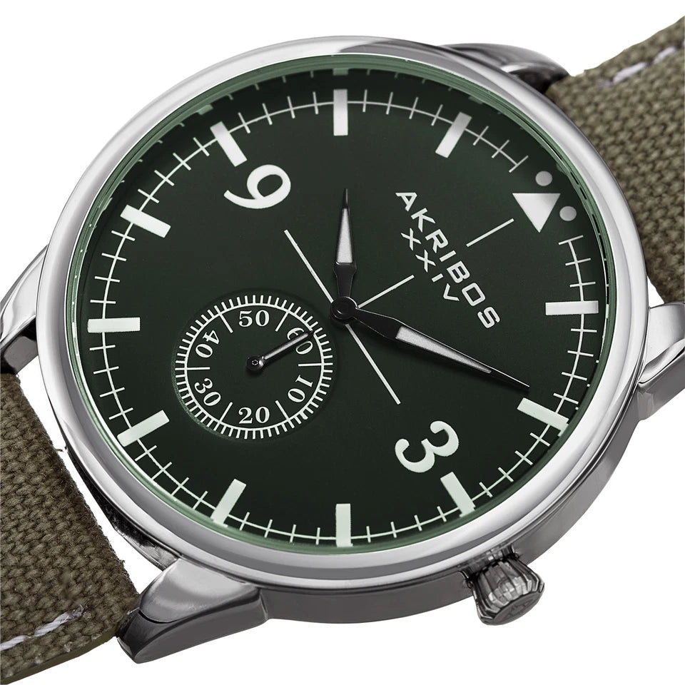 Akribos XXIV Silver Tone Case on Olive Green Strap, Olive Green Dial with Black Hands