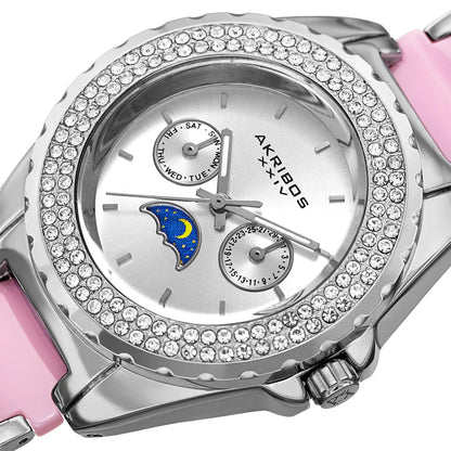 Akribos XXIV Silver Tone Round Case Watch with Crystals on Silver Tone and Pink Two Tone Bracelet