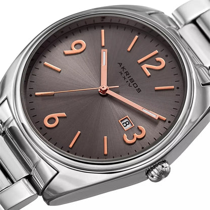 Akribos XXIV Silver Bracelet Link Watch with Gun Dial and Rose Gold Accents