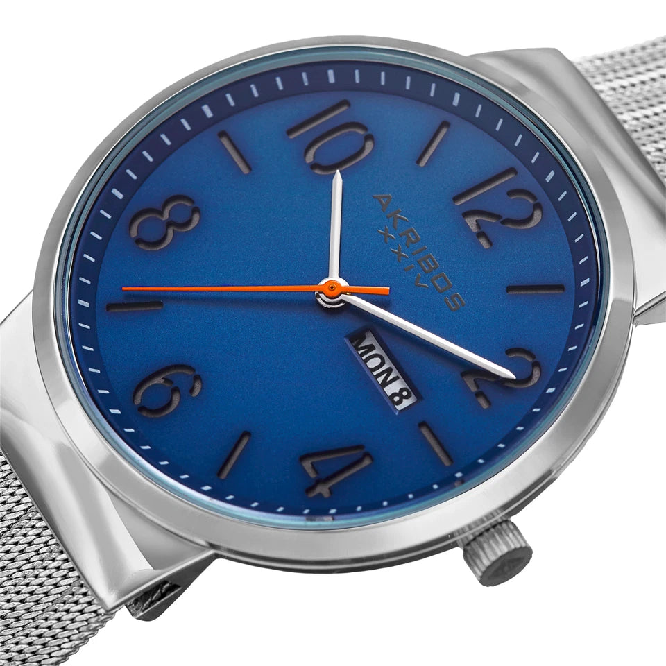 Akribos XXIV Silver Ion Plated Alloy Case on Stainless Steel Mesh Bracelet, Blue Dial with Silver Hands