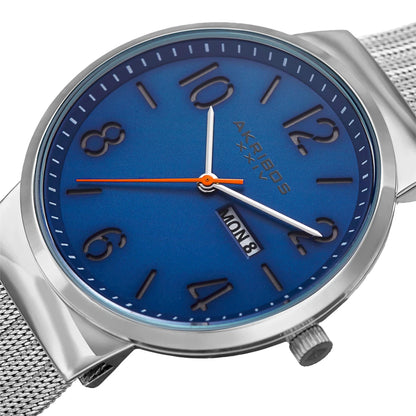 Akribos XXIV Silver Ion Plated Alloy Case on Stainless Steel Mesh Bracelet, Blue Dial with Silver Hands