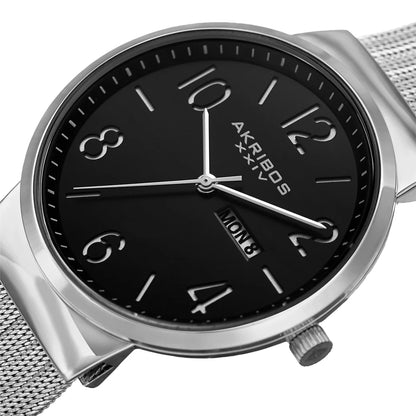 Akribos XXIV Silver Ion Plated Alloy Case on Stainless Steel Mesh Bracelet, Black Dial with Silver Hands
