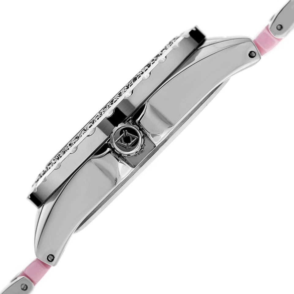 Akribos XXIV Silver Tone Round Case Watch with Crystals on Silver Tone and Pink Two Tone Bracelet