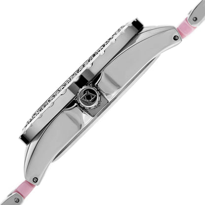 Akribos XXIV Silver Tone Round Case Watch with Crystals on Silver Tone and Pink Two Tone Bracelet
