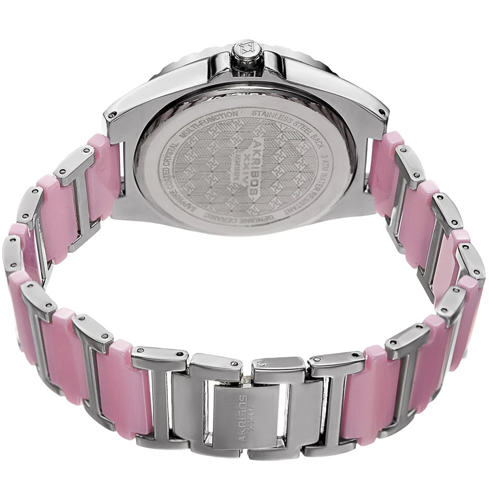 Akribos XXIV Silver Tone Round Case Watch with Crystals on Silver Tone and Pink Two Tone Bracelet