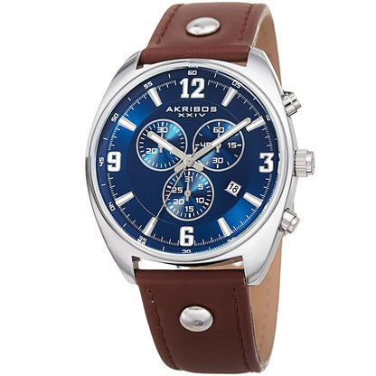 Akribos XXIV Silver Cushion Case Chronograph Watch on Brown Leather Band with Blue Dial