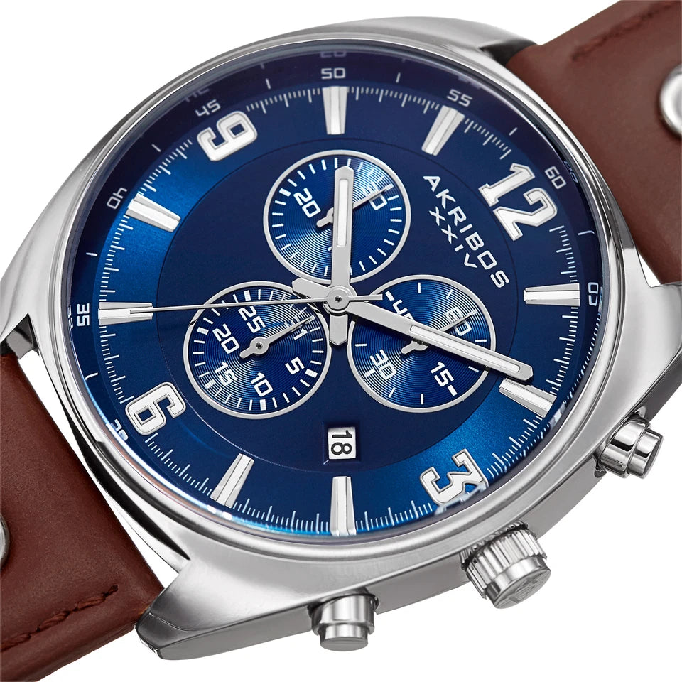 Akribos XXIV Silver Cushion Case Chronograph Watch on Brown Leather Band with Blue Dial