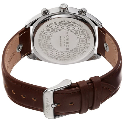 Akribos XXIV Silver Cushion Case Chronograph Watch on Brown Leather Band with Blue Dial