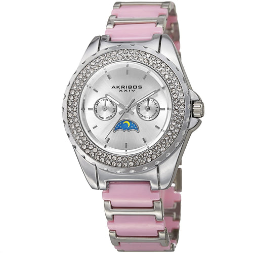 Akribos XXIV Silver Tone Round Case Watch with Crystals on Silver Tone and Pink Two Tone Bracelet