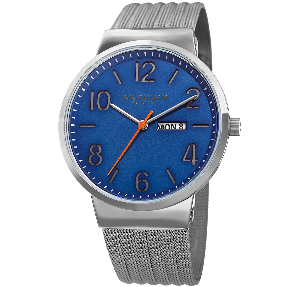 Akribos XXIV Silver Ion Plated Alloy Case on Stainless Steel Mesh Bracelet, Blue Dial with Silver Hands