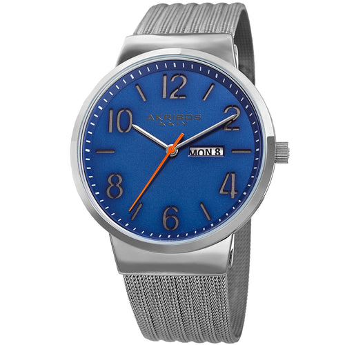Akribos XXIV Silver Ion Plated Alloy Case on Stainless Steel Mesh Bracelet, Blue Dial with Silver Hands