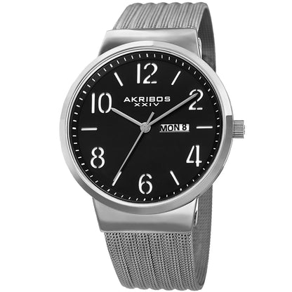 Akribos XXIV Silver Ion Plated Alloy Case on Stainless Steel Mesh Bracelet, Black Dial with Silver Hands