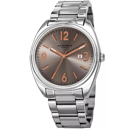 Akribos XXIV Silver Bracelet Link Watch with Gun Dial and Rose Gold Accents