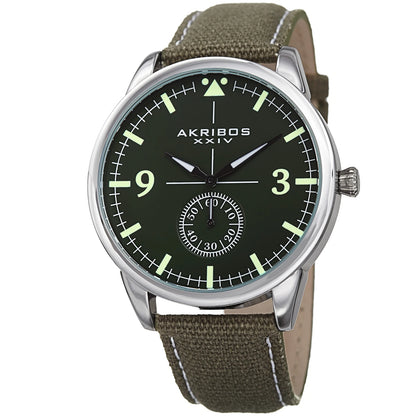 Akribos XXIV Silver Tone Case on Olive Green Strap, Olive Green Dial with Black Hands