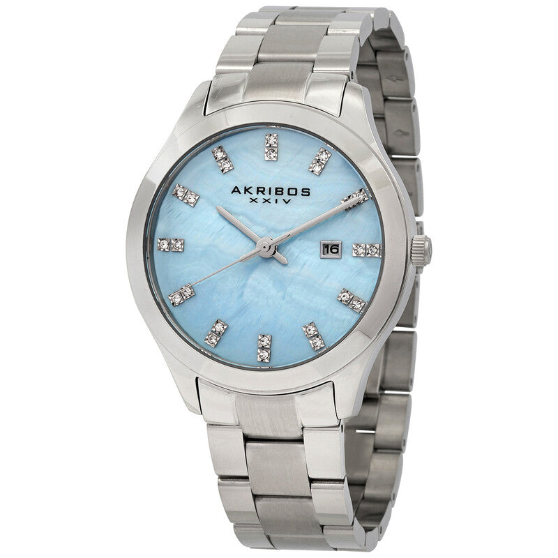 Akribos XXIV Stainless Steel Case on Stainless Steel Bracelet, Light Blue Mother of Pearl Dial with Silver Tone Hands