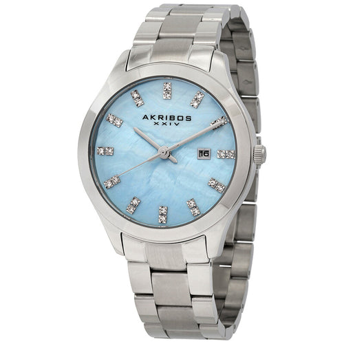 Akribos XXIV Stainless Steel Case on Stainless Steel Bracelet, Light Blue Mother of Pearl Dial with Silver Tone Hands