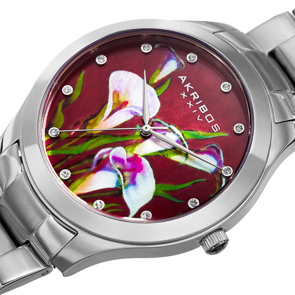 Akribos XXIV Stainless Steel Case on Stainless Steel Bracelet, Purple Mother-of-Pearl Dial with Silver Tone Hands