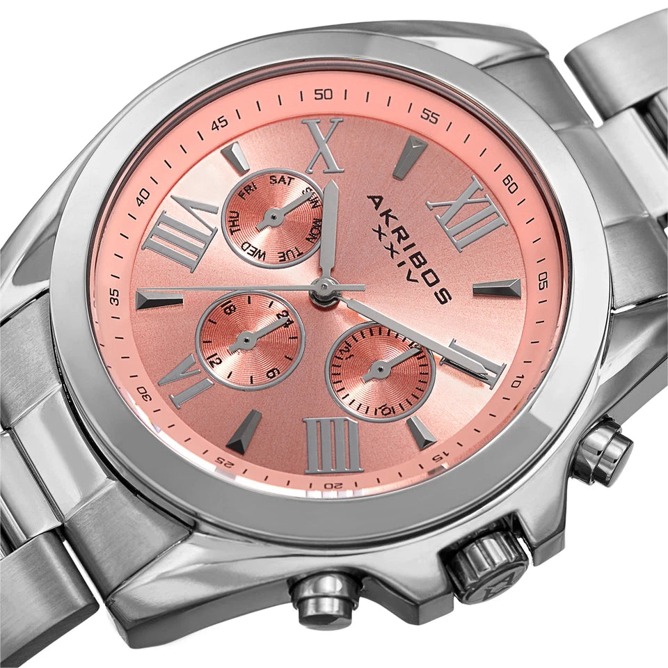 Akribos XXIV Stainless Steel Case on Stainless Steel Bracelet, Peach Dial with Silver Tone Hands
