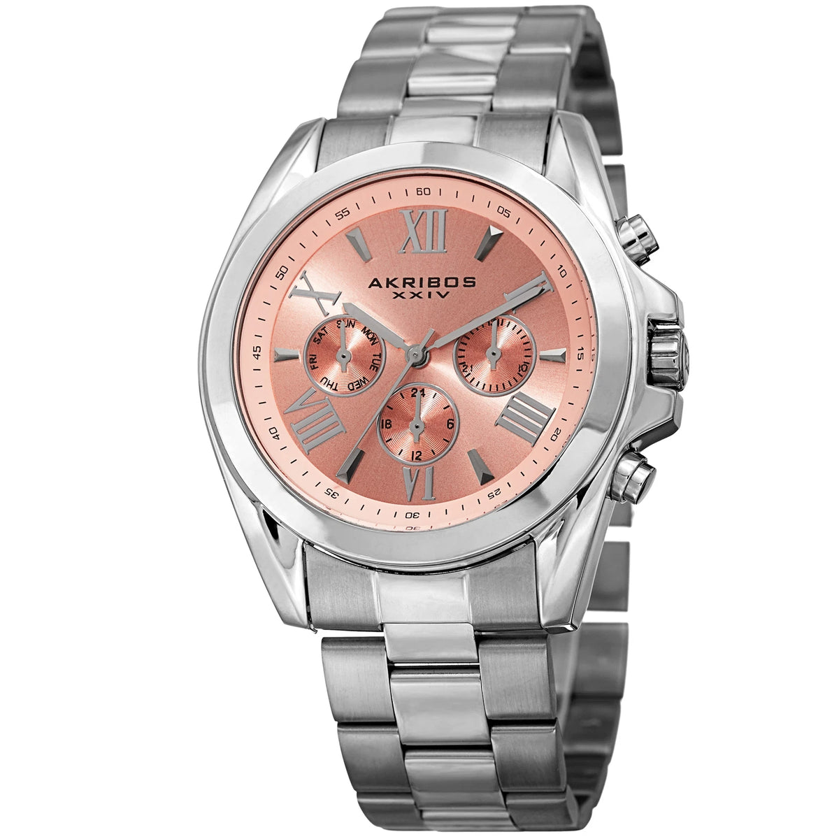 Akribos XXIV Stainless Steel Case on Stainless Steel Bracelet, Peach Dial with Silver Tone Hands