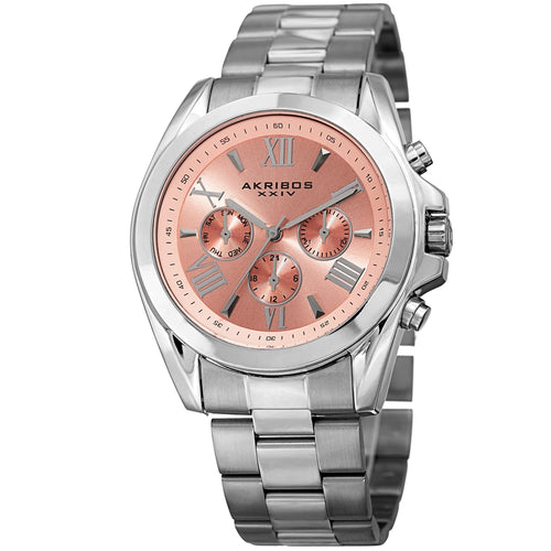 Akribos XXIV Stainless Steel Case on Stainless Steel Bracelet, Peach Dial with Silver Tone Hands