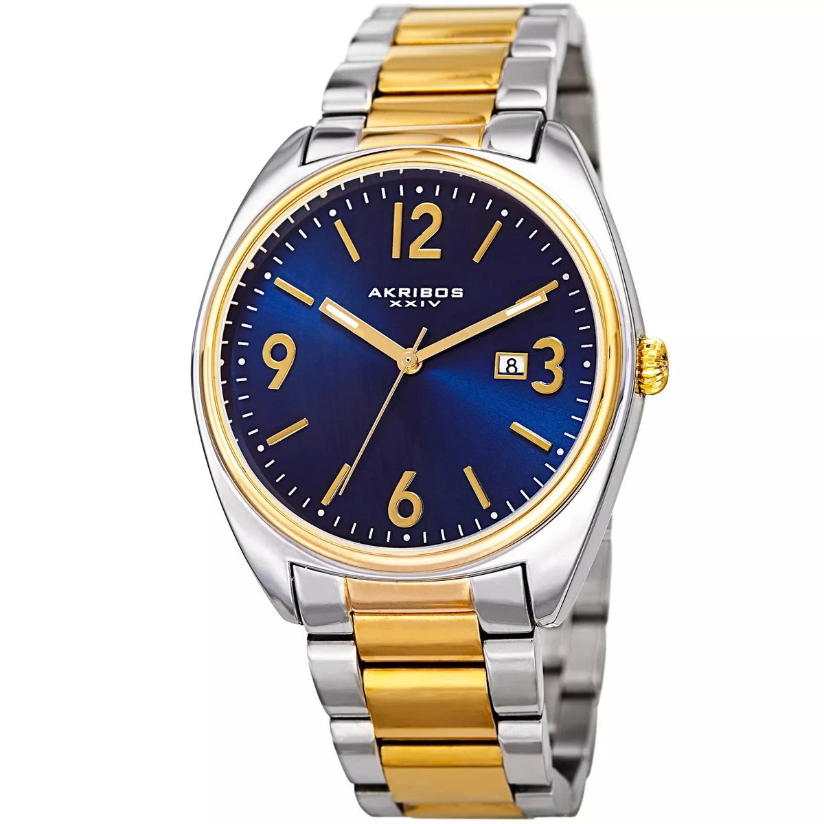 Akribos XXIV Two Tone Ion Plated Bracelet Link Watch with Blue Dial and Gold Accents