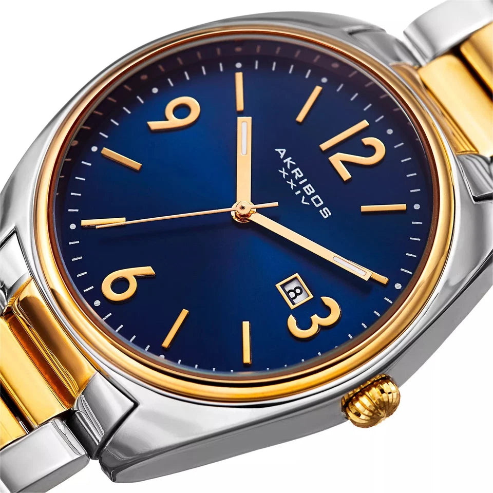 Akribos XXIV Two Tone Ion Plated Bracelet Link Watch with Blue Dial and Gold Accents