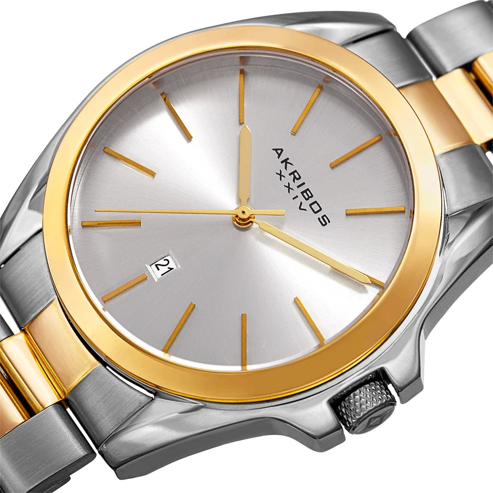 Akribos XXIV Two Tone Case on Two Tone Bracelet, Silver Dial with Gold Tone Hands