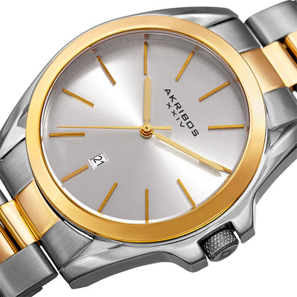 Akribos XXIV Two Tone Case on Two Tone Bracelet, Silver Dial with Gold Tone Hands