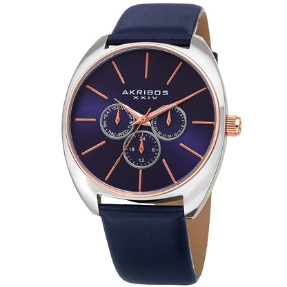 Akribos XXIV Two Tone Ion Plated Stainess Steel Case on Blue Genuine Leather Strap, Blue Dial with Rose Gold Tone Hands