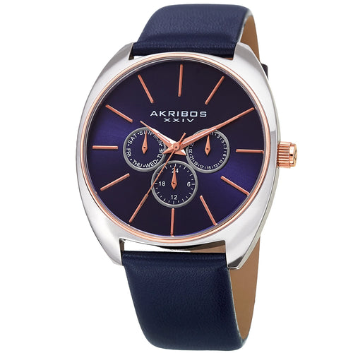 Akribos XXIV Two Tone Ion Plated Stainess Steel Case on Blue Genuine Leather Strap, Blue Dial with Rose Gold Tone Hands