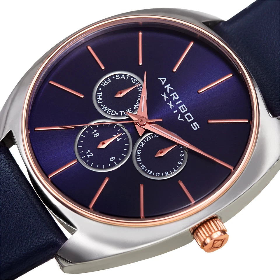Akribos XXIV Two Tone Ion Plated Stainess Steel Case on Blue Genuine Leather Strap, Blue Dial with Rose Gold Tone Hands