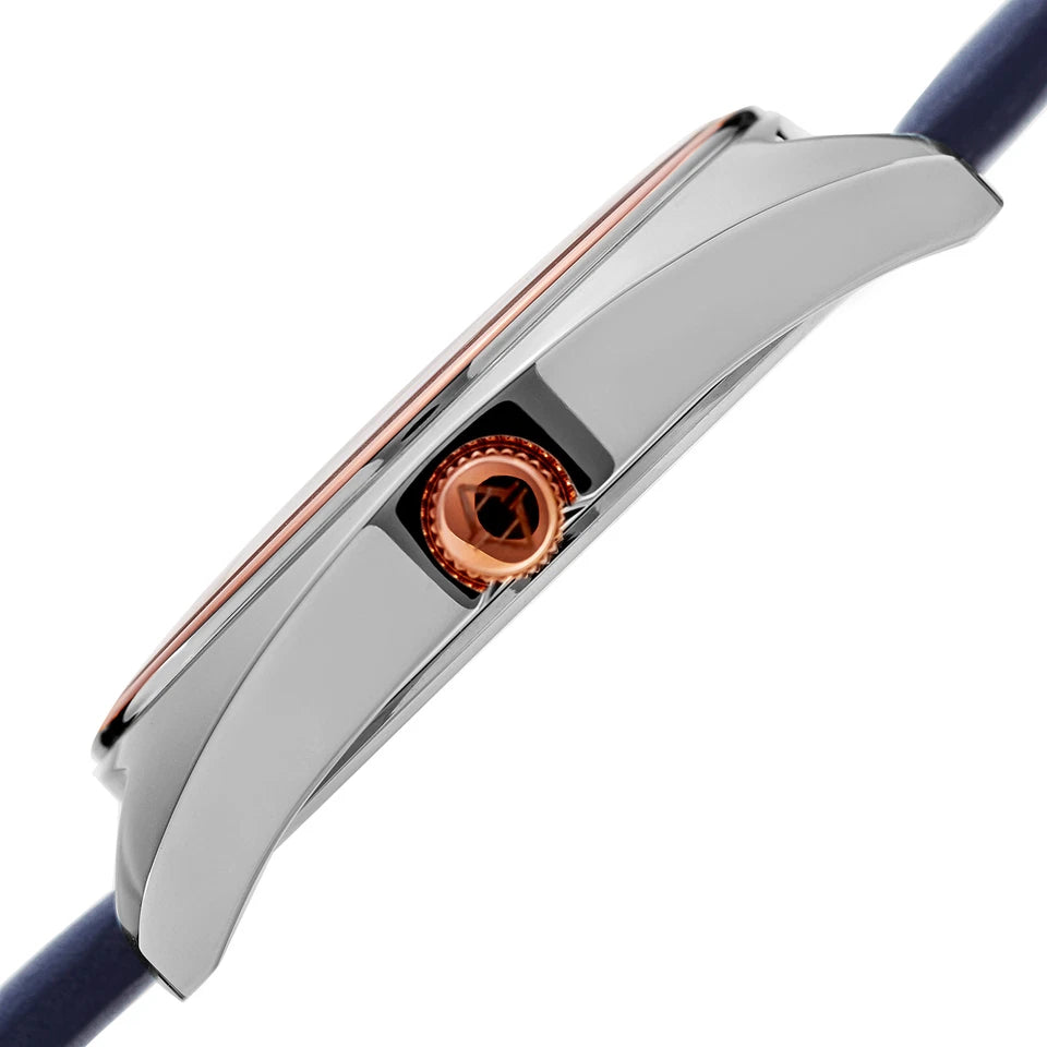 Akribos XXIV Two Tone Ion Plated Stainess Steel Case on Blue Genuine Leather Strap, Blue Dial with Rose Gold Tone Hands