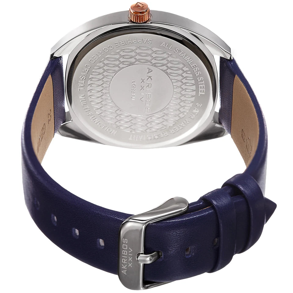 Akribos XXIV Two Tone Ion Plated Stainess Steel Case on Blue Genuine Leather Strap, Blue Dial with Rose Gold Tone Hands