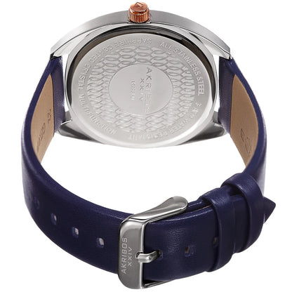 Akribos XXIV Two Tone Ion Plated Stainess Steel Case on Blue Genuine Leather Strap, Blue Dial with Rose Gold Tone Hands