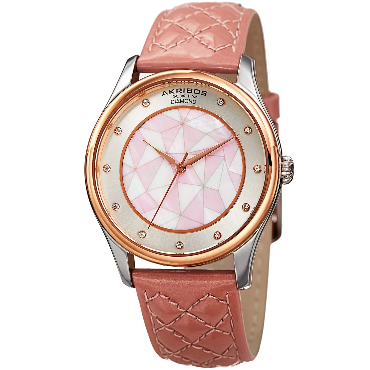 Akribos XXIV Two Tone Case on Mauve Strap, White Mother of Pearl and Silver Dial with Rose Gold Tone Hands