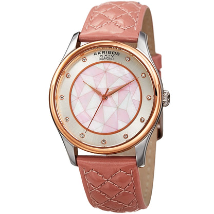 Akribos XXIV Two Tone Case on Mauve Strap, White Mother of Pearl and Silver Dial with Rose Gold Tone Hands