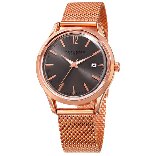 Akribos XXIV Rose Gold Tone Case on Rose Gold Tone Bracelet, Gray Dial with Rose Gold Tone Hands