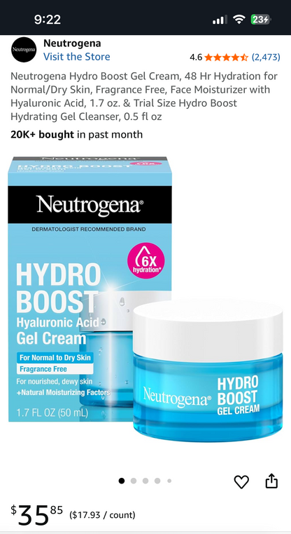 Neutrogena Hydro Boost GEL Face Cream — Dry Skin — 1.7 oz