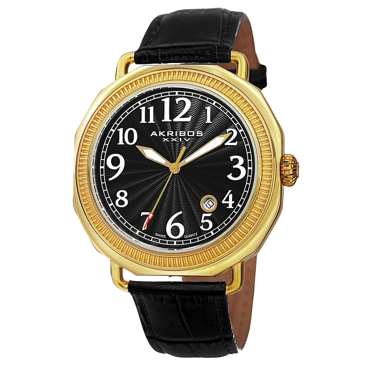 Akribos XXIV Yellow Gold Flashed Alloy Case on Black Strap, Black Dial with Gold Tone Hands
