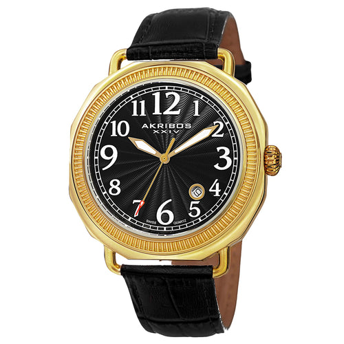 Akribos XXIV Yellow Gold Flashed Alloy Case on Black Strap, Black Dial with Gold Tone Hands