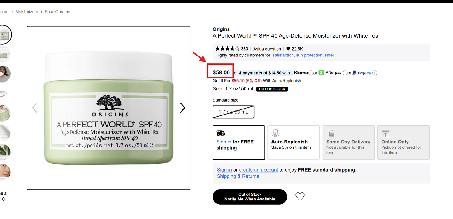 Origins A Perfect World SPF 40 Age‑Defense Moisturizer with White Tea – 1.7 oz